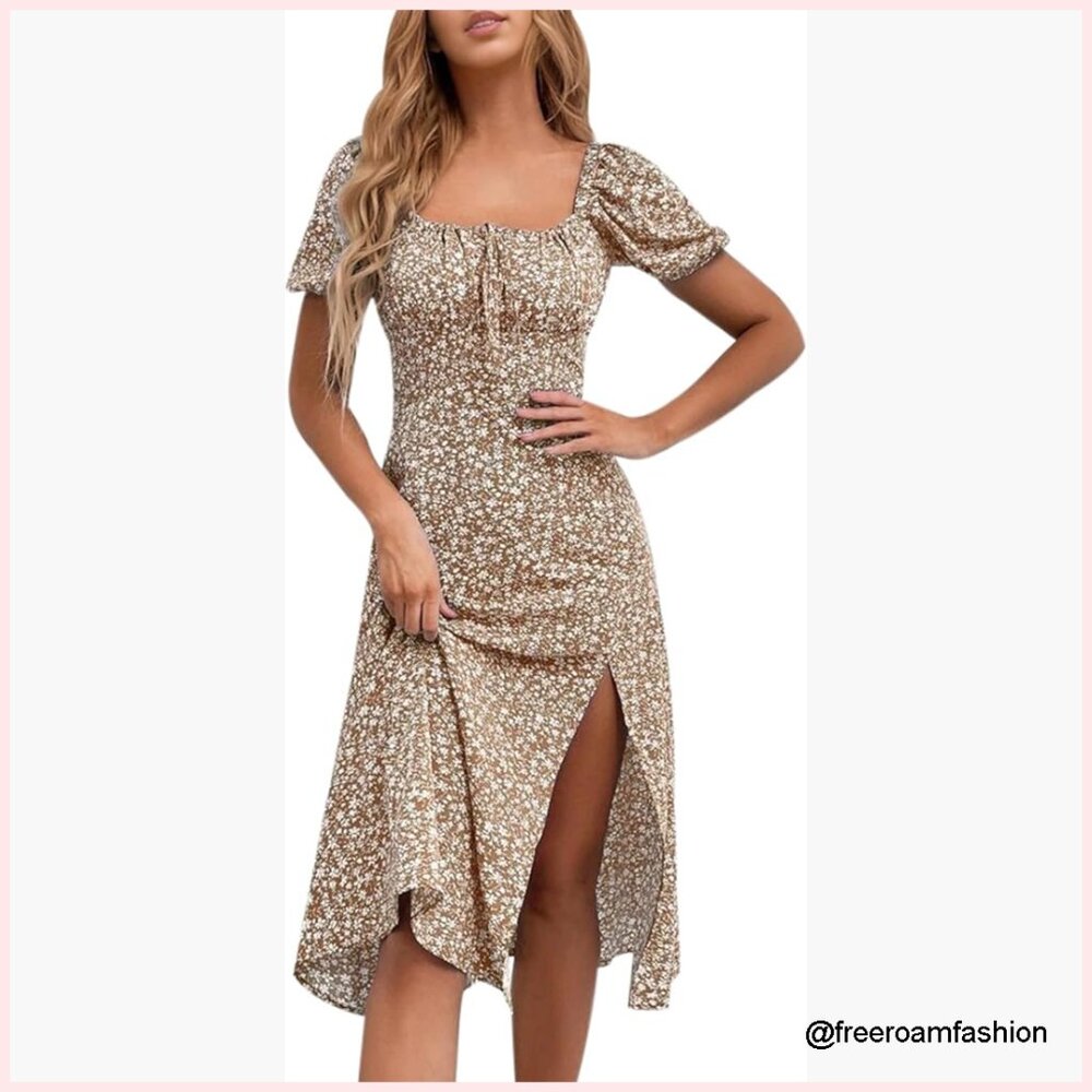 Women's Floral Midi Dress Puff Sleeve Square Neck Ruched Bust High Waist